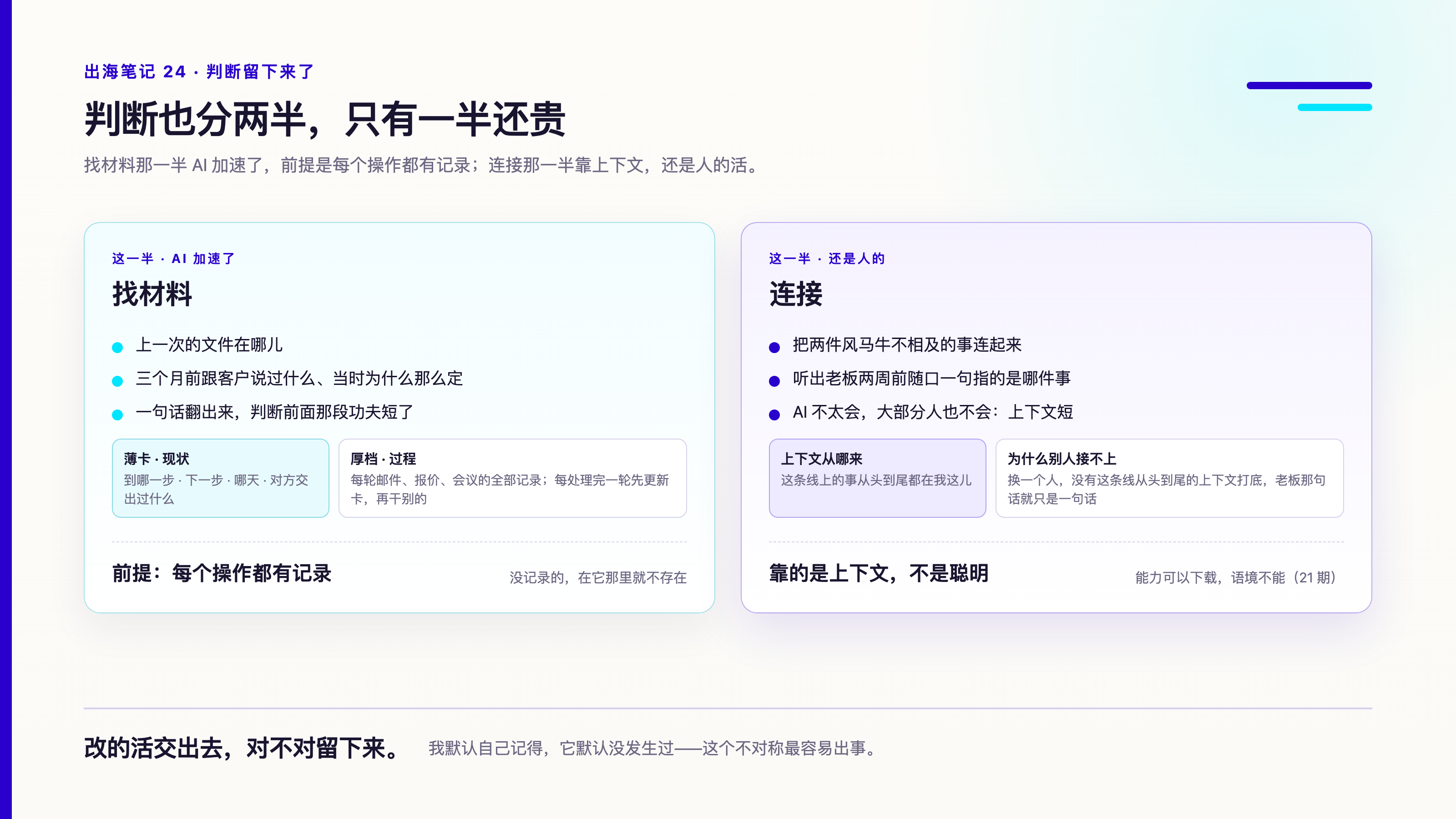 判断的两半：找材料那一半 AI 加速了，前提是每个操作都有记录（薄卡记现状，厚档记过程）；连接那一半靠上下文，还是人的活——能力可以下载，语境不能